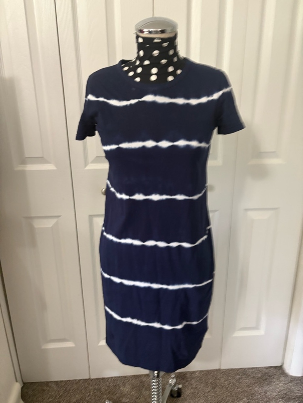 J. Crew Factory Navy and White Tie-Dye Stripe Midi Dress